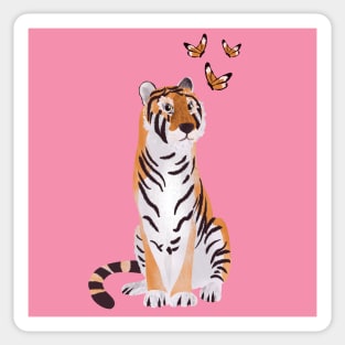 Tiger with butterflies paper cut art illustration on pink background Sticker